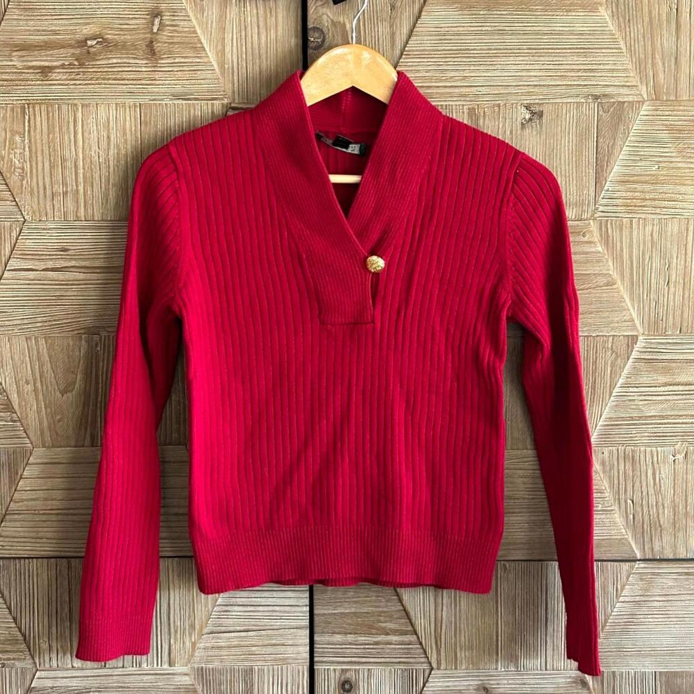 Lauren Ralph Lauren Red Ribbed Women's Sweater Gold Button Detail Size PM